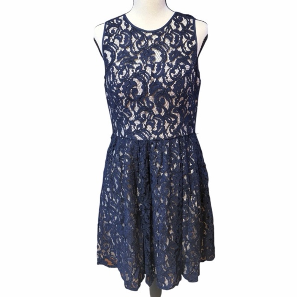 Eliza J‎ Illusion Yoke Navy Lace Fit And Flare Dress